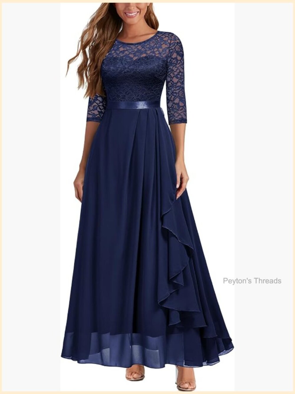 Elegant Floral Lace 3/4 Sleeve Bridesmaid Maxi Dress